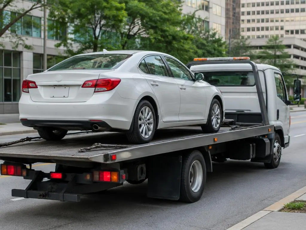 Carro sobre caminhão guincho plataforma na cidade.